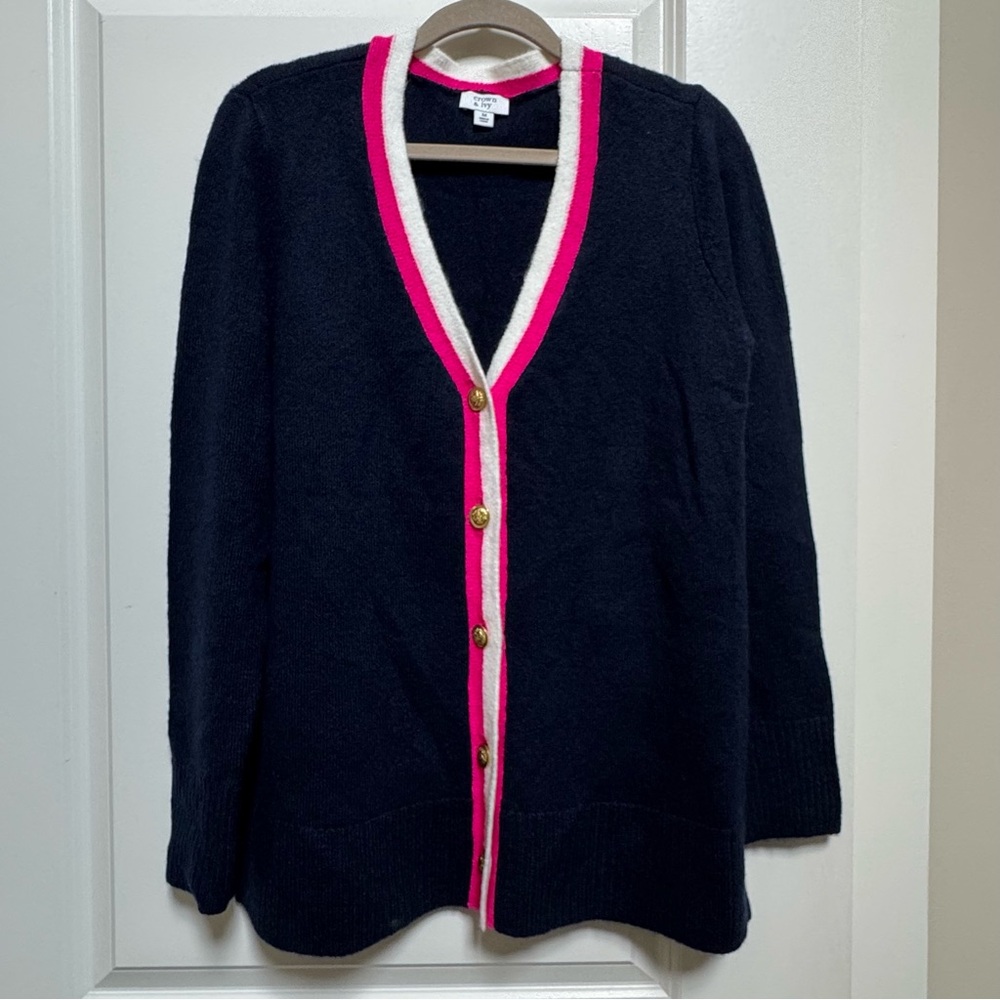 Crown & Ivy Black Cardigan with Pink and White Trim